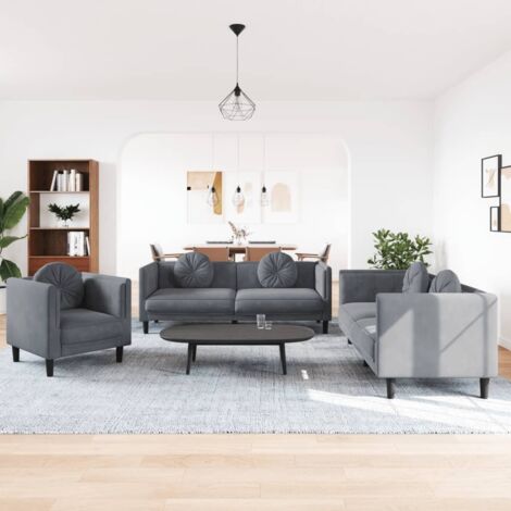 vidaXL Sofa-Set 3-teilig mit dunkelgrauen Kissen aus Samt