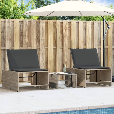 vidaXL Modular Sun Loungers 2 pcs with Table Grey Poly Rattan