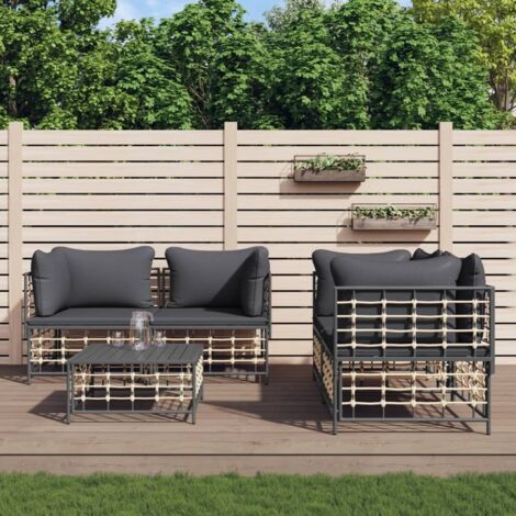 5-teiliges Gartenmöbelset mit anthrazitfarbenen Kissen aus Geflecht