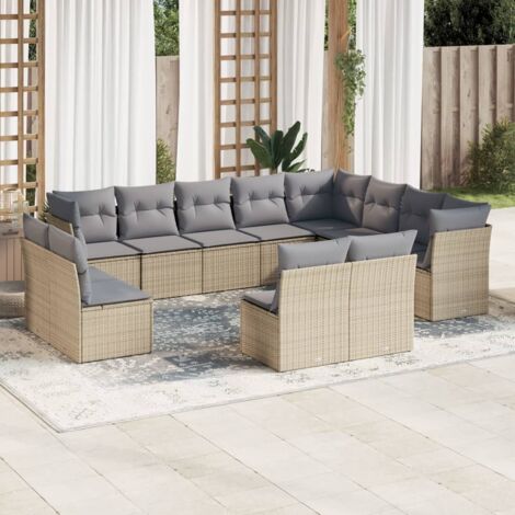 vidaXL Gartenmöbelset mit Kissen 12 Teile Beige Geflochtene Rattan