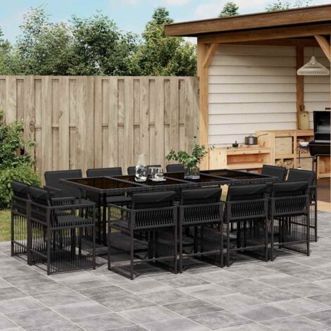 Gartenmöbelset 13-teilig mit schwarzen Kissen aus geflochtener Rattan