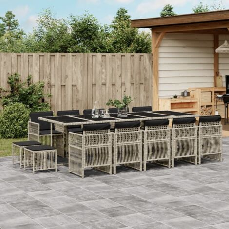 15-tlg. Garten-Essgruppe mit Kissen Hellgrau Poly Rattan vidaXL