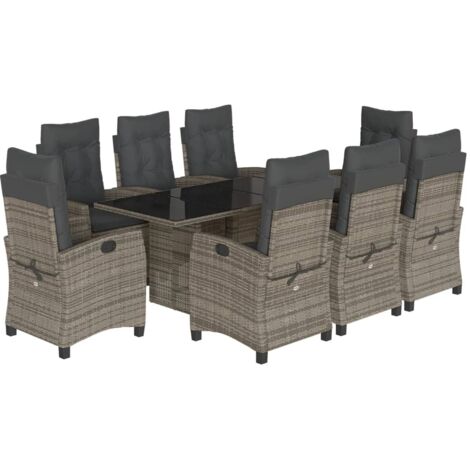 vidaXL Garten-Essgruppe 9 Teile mit grauen Kissen aus geflochtener Ratte