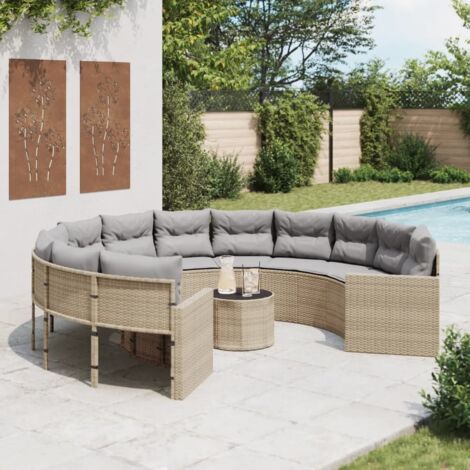 Gartensofa mit Tisch und Kissen Rund Beige Poly-Rattan vidaXL