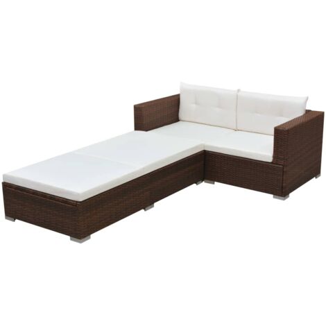 vidaXL Gartensofa 3 Teile mit Kissen Rattan Braun