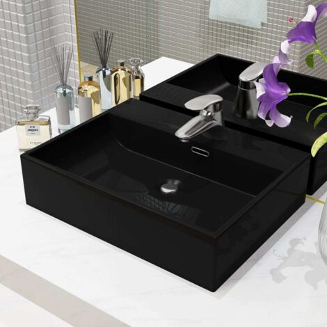 vidaXL Basin with Faucet Hole Ceramic Black 51,5x38,5x15 cm