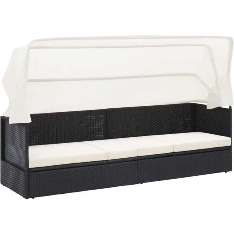 vidaXL Garden Sofa with Canopy Black Poly Rattan