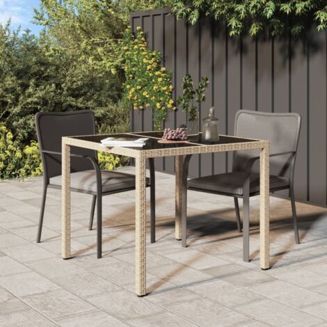 vidaXL Garden Table 90x90x75 cm Tempered Glass and Poly Rattan Beige