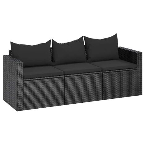 Gartenbank für 3 Personen mit schwarzen Kissen aus geflochtenem Rattan
