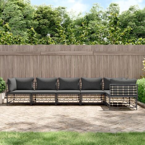 Gartenmöbelset 6 Teile mit anthrazitfarbenen Kissen aus geflochtener Kunstfaser