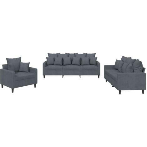 3-teiliges Sofaset mit Kissen in Dunkelgrau aus Samt