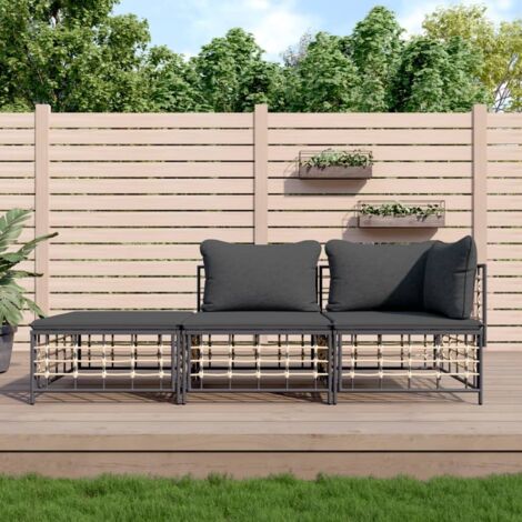 vidaXL Gartenlounge 3 Teile mit anthrazitfarbenen Kissen aus geflochtenem Kunststoff