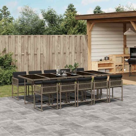 vidaXL Gartentischset 11-teilig mit grauen Kissen aus Poly-Rattan