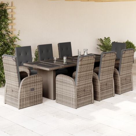 Garten-Essgruppe 9-teilig mit grauen Kissen aus geflochtener Kunstfaser (1/5)