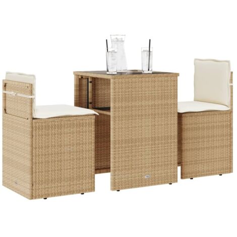 vidaXL Bistroset 3 Teile mit beigen Kissen aus geflochtener Rattan