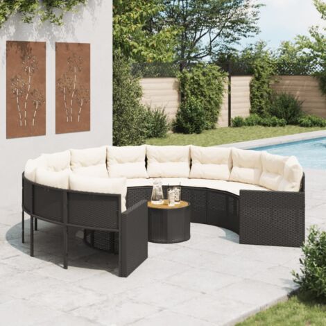 vidaXL Runder Garten-Sofa mit Tisch und runden Kissen aus geflochtener Kunstfaser in Schwarz