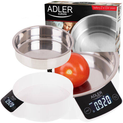 Küchenwaage Adler AD 3166 mit 900 ml Edelstahlschüssel, max. Gewicht 5 kg, elektronische Haushaltswaage mit LCD-Display, digitale Waage, Genauigkeit bis 1 g
