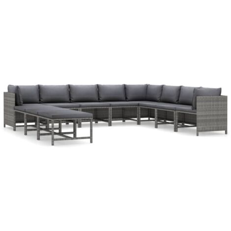 11-tlg. Garten-Lounge-Set mit Kissen Poly Rattan Grau vidaXL