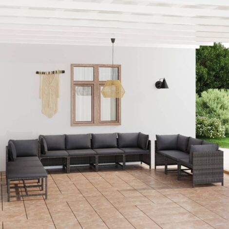 Gartenmöbelset 10-teilig mit Kissen aus Geflecht Grau