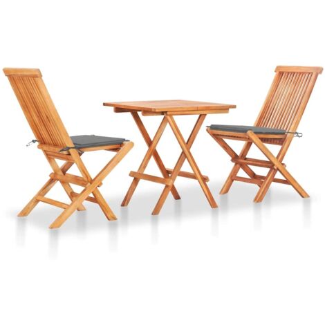vidaXL 3-tlg. Bistroset mit Grauen Kissen Massivholz Teak