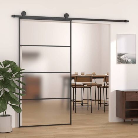 vidaXL Schiebetür ESG-Glas Milchglas Aluminium 102,5x205 cm Schwarz