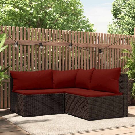 Gartenloungeset 3 Teile mit braunen Kissen aus geflochtener Kunststoff