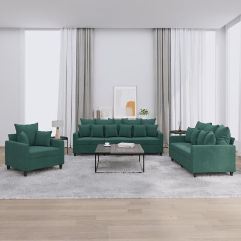 vidaXL 3-teiliges Sofa-Set mit Kissen Dunkelgrün Velours