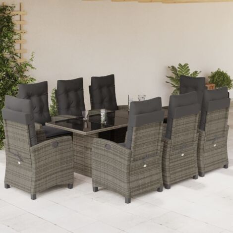 9-tlg. Garten-Essgruppe mit Kissen Grau Poly Rattan vidaXL