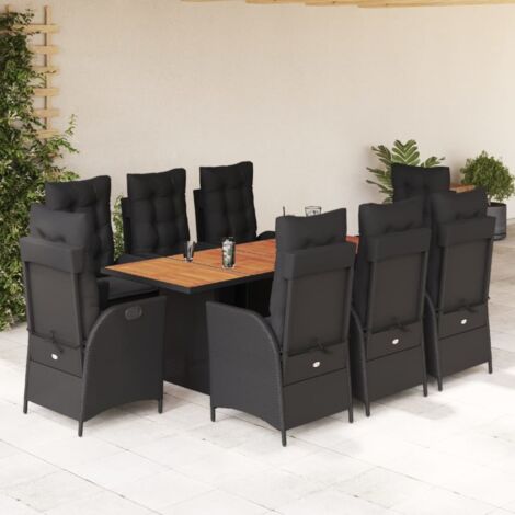9-teiliges Garten-Esszimmer-Set mit schwarzen Kissen aus geflochtener Kunstfaser