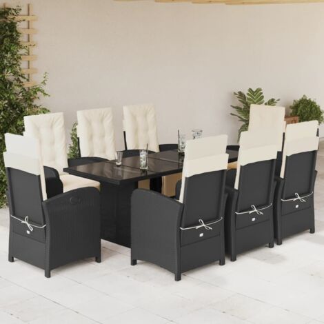 Garten-Essgruppe 9-teilig mit Kissen Schwarz Rattan