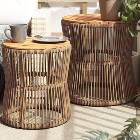 vidaXL Beistelltische für den Garten 2 Stück Holzoberfläche Beige Poly Rattan