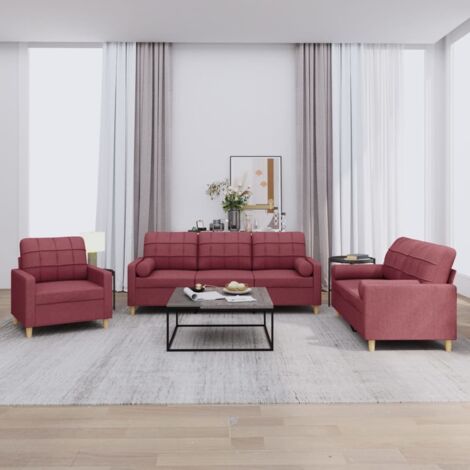 3-tlg. Sofagarnitur mit Kissen Weinrot Stoff vidaXL