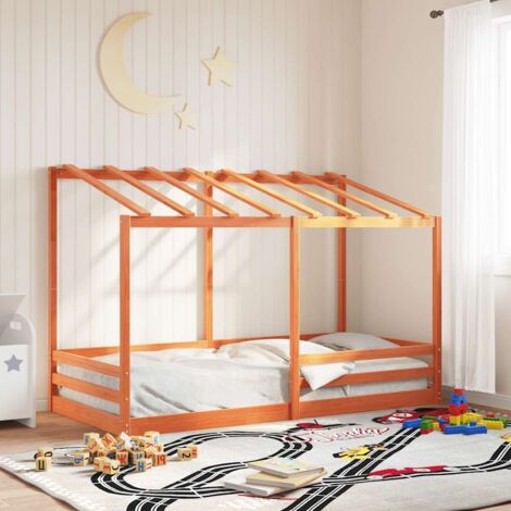 vidaXL Kinderbett mit Dach, braun gewachst, 100x200 cm, aus massivem Kiefernholz