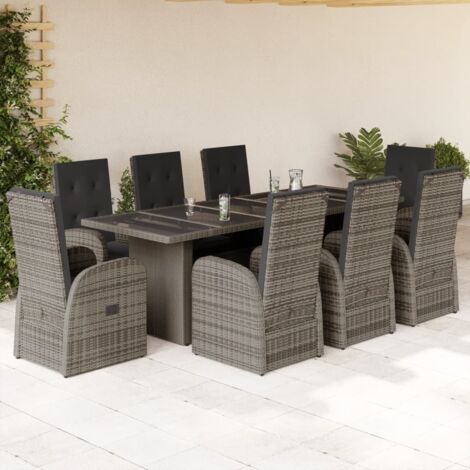 9-teiliges Gartenset mit grauen Kissen aus Rattan