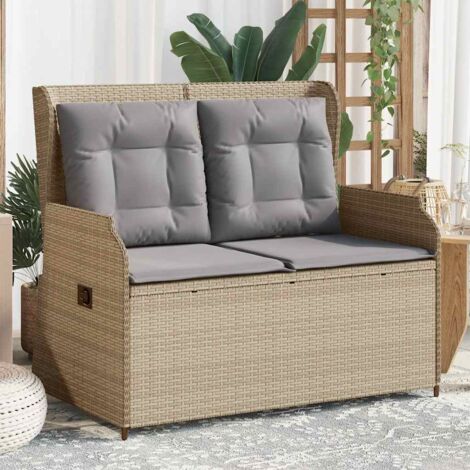 vidaXL Reclining Garden Bench with Cushions Beige Poly Rattan
