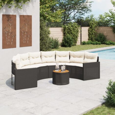 Halbrunder Gartensofa mit Kissen, schwarz, aus geflochtener Kunststofffaser