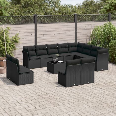 Gartenmöbelset mit Kissen 13 Teile schwarz Rattan
