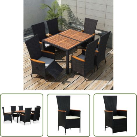 vidaXL Gartenmöbel Set 7-teilig Geflecht und Akazie Schwarz