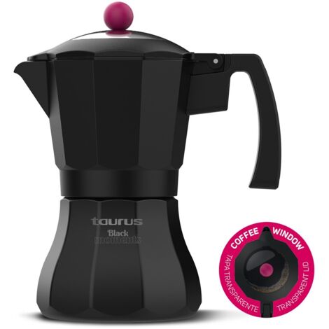 Taurus Black Moments 6 - Italienische Kaffeemaschine, 6 Tassen, Sockel und Filter de Edelstahl, Sicherheitsventil de, Sicherheitsdeckel aus Silikon, für alle Brenner, transparenter Deckel, schwarz (1/3)