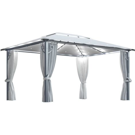 vidaXL Pavillon mit Vorhängen & LED-Lichterkette 400x300 cm Creme Alu