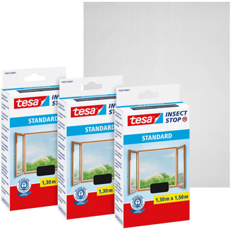 3 x tesa Insect Stop STANDARD Fliegengitter für Fenster im 3er Pack - Insektenschutz zuschneidbar - Mückenschutz ohne Bohren - 3 x Fliegen Netz anthrazit - 130 cm x 150 cm