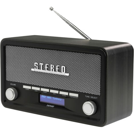 Radio Digital Denver DAB-18DARKGREY - Analoges und digitales Radio, Dab,FM. Bluetooth. Lautsprecher 4 W. LCD-Display, dunkles Holz