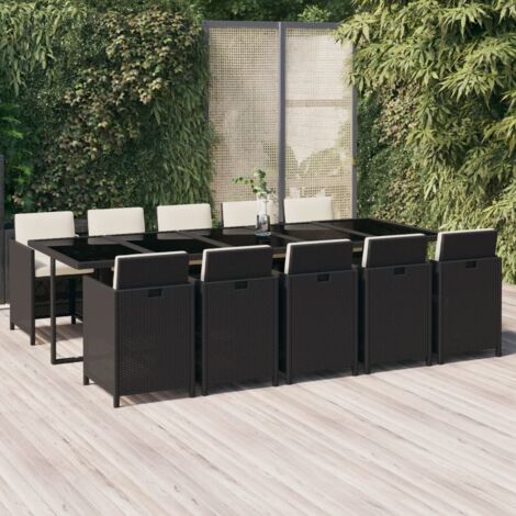11-tlg. Garten-Essgruppe mit Kissen Poly Rattan Schwarz vidaXL