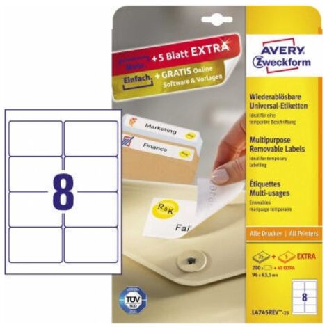 Universaletikett 96 x 63,5 mm (B x H) wieder ablösbar Papier weiß 240 Etik./Pack.