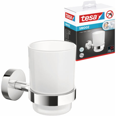 tesa SMOOZ Zahnputzbecher mit Halterung - Becher aus satiniertem Glas, verchromte Wandhalterung - zur Wandbefestigung ohne Bohren, inkl. Klebelösung - 113 mm x 79 mm x 124 mm
