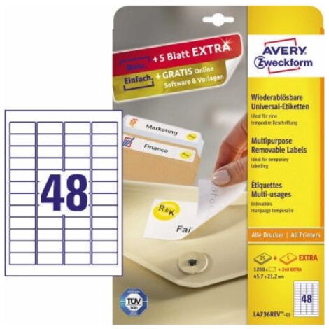 Universaletikett 45,7 x 21,2 mm (B x H) wieder ablösbar Papier weiß 1.440 Etik./Pack.