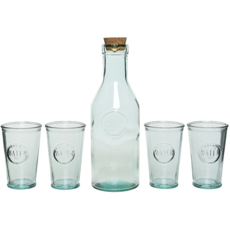 Set aus 5 Wasserkaraffe mit Korkdeckel und 4 klaren Gläsern aus recyceltem Glas (1/5)
