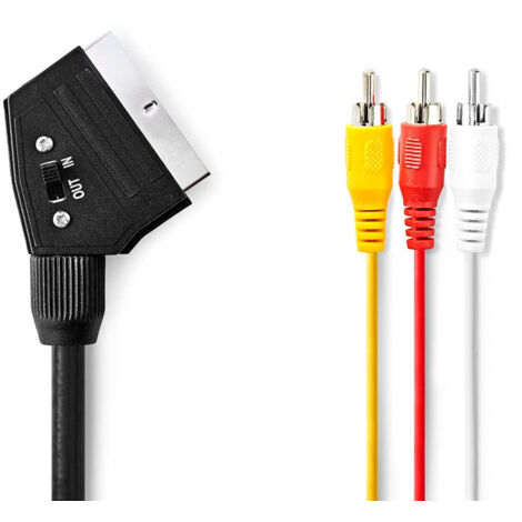 Scart kabel scart stecker scart stecker 3x cinch stecker vernickelt schaltbar 480p 100 m rund pvc schwarz plastikbeutel (1/3)
