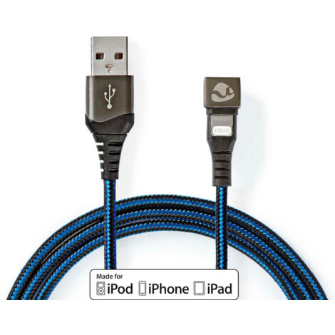Usb kabel usb 20 apple lightning 8 polig usb a stecker 12 w 480 mbps vernickelt 100 m rund geflochten nylon blau schwarz box mit abgedecktem fenster (1/5)