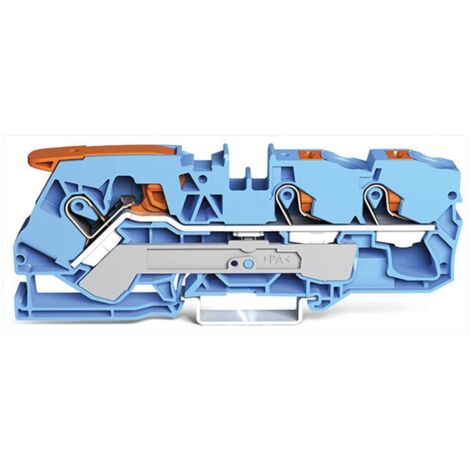 Wago 3-Leiter-Durchgangsklemme mit Hebel und Druckknopf 10 mm², blau